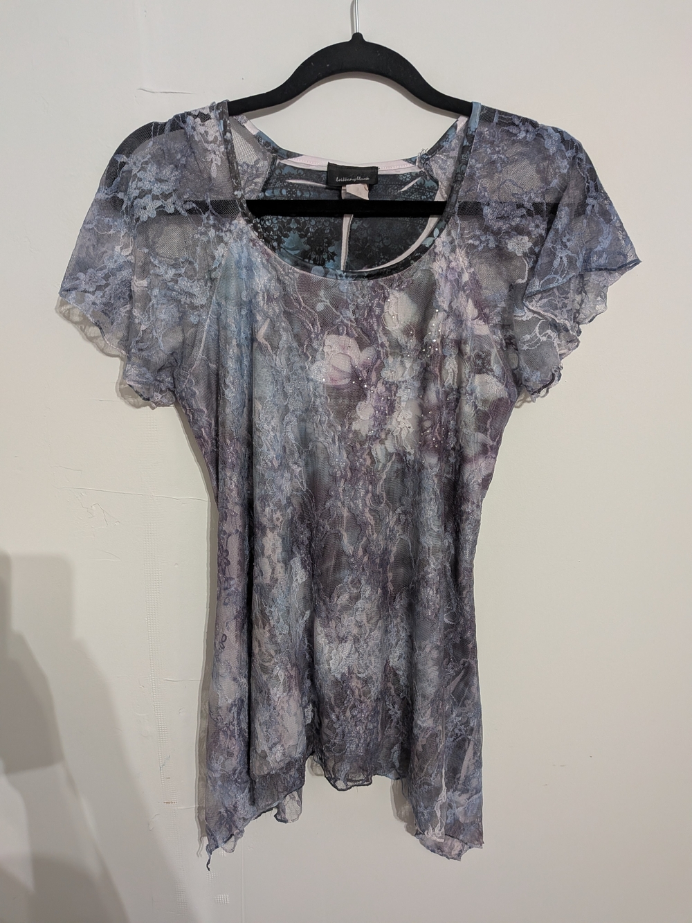 Brittany Black Lavender Gray Sheer Lace Flutter Sleeve Top - Scoop Neck